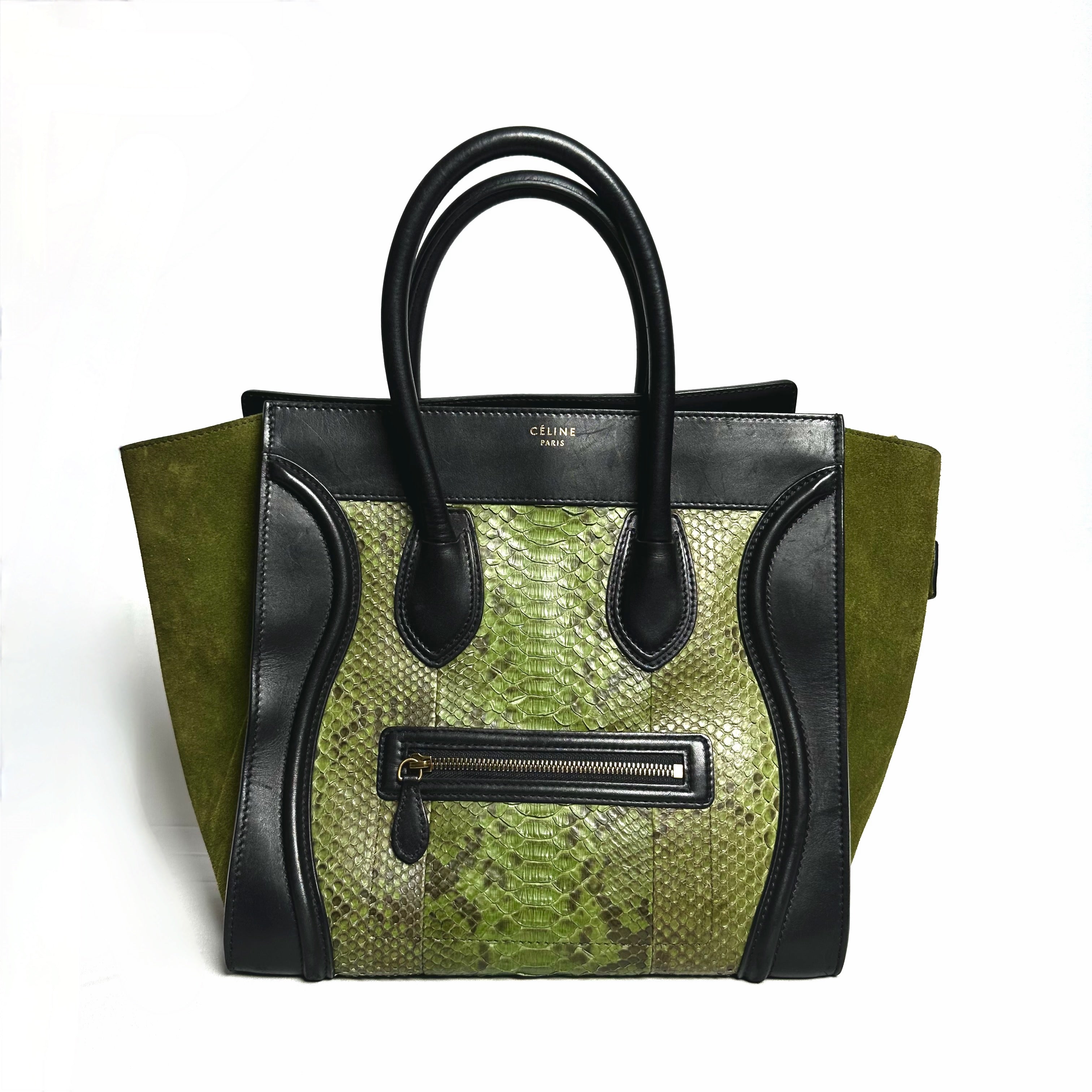 Celine Green Python and Black Leather Mini Luggage Tote Luxe