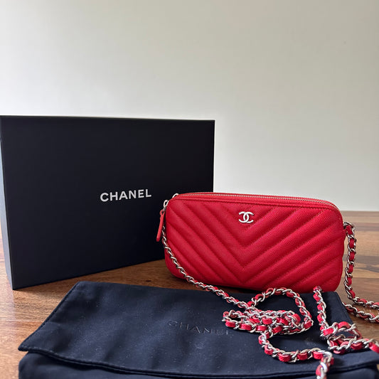 Chanel Red Caviar Leather Double Zip Wallet on Chain