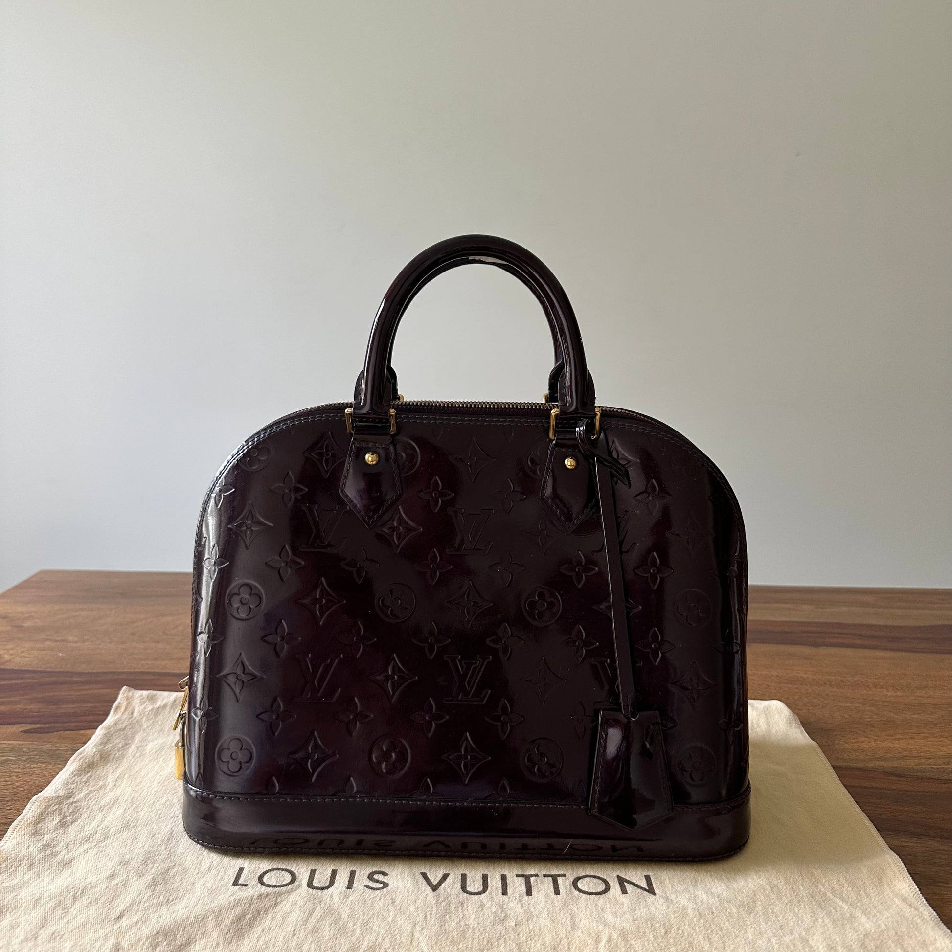 LOUIS VUITTON Alma GM Monogram Vernis Leather Satchel Bag Burgundy