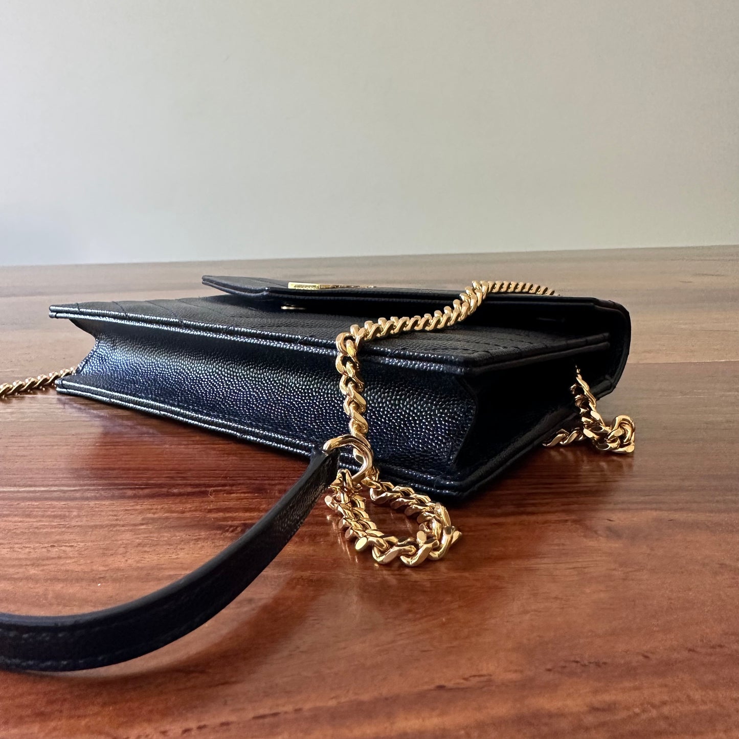 Saint Laurent Black Leather Uptown Wallet on Chain