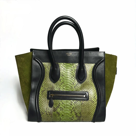 Celine Green Python and Black Leather Mini Luggage Tote