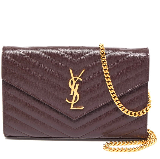 Saint Laurent Burgundy Matelasse Leather Cassandra Wallet on Chain