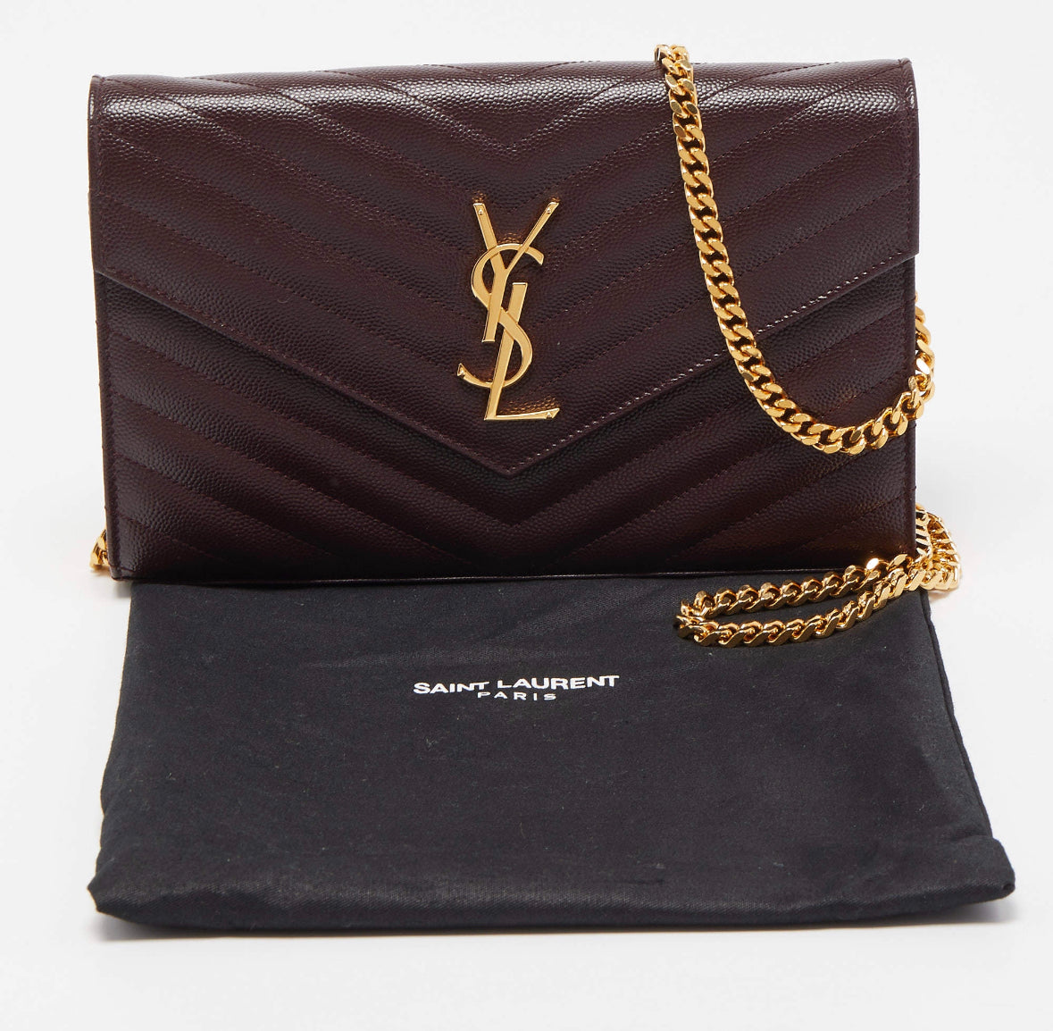 Saint Laurent Monogram YSL Large Grain de Poudre Leather Wallet on Chain