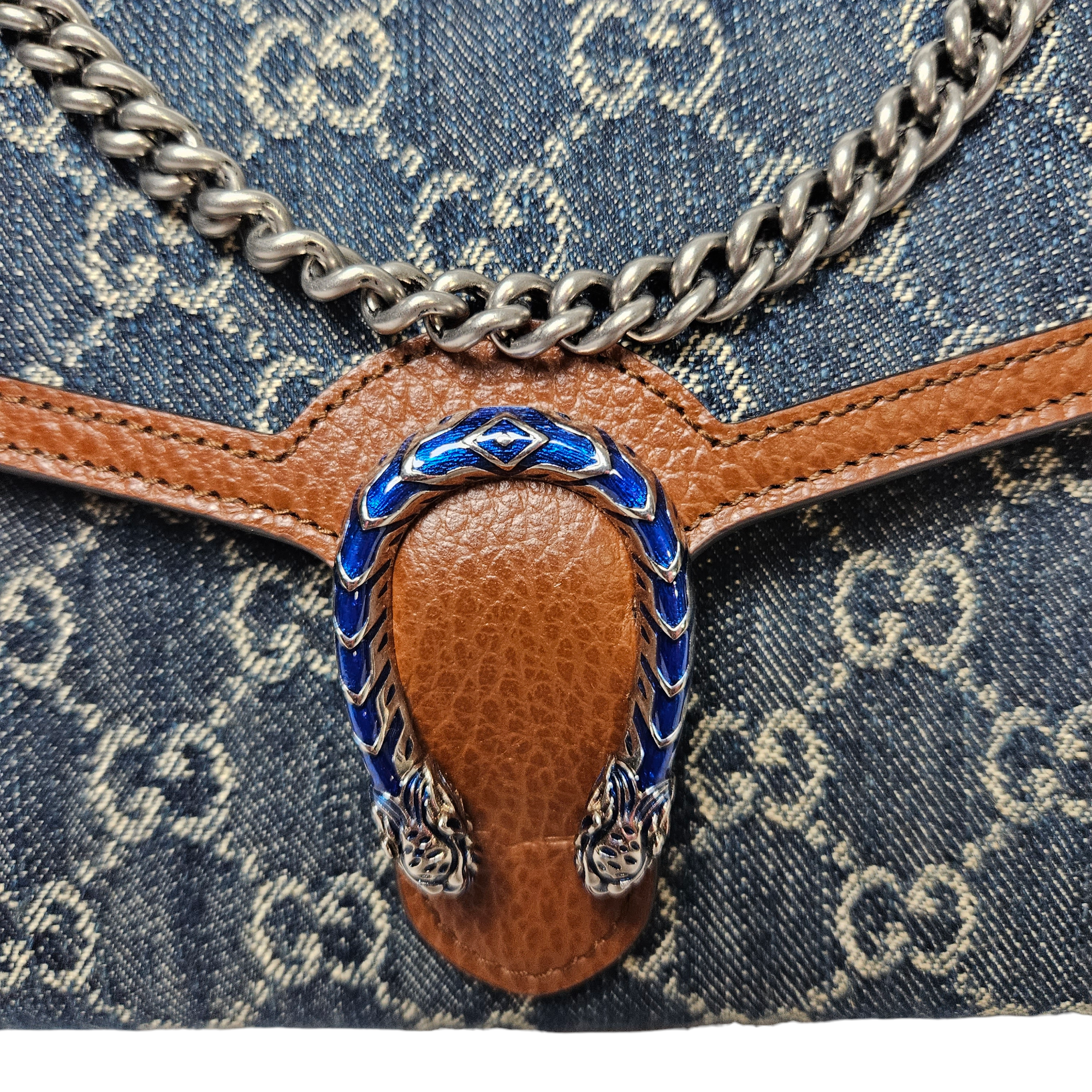 GUCCI Dionysus Super Mini GG Jacquard Denim Chain Shoulder Bag Dark Bl