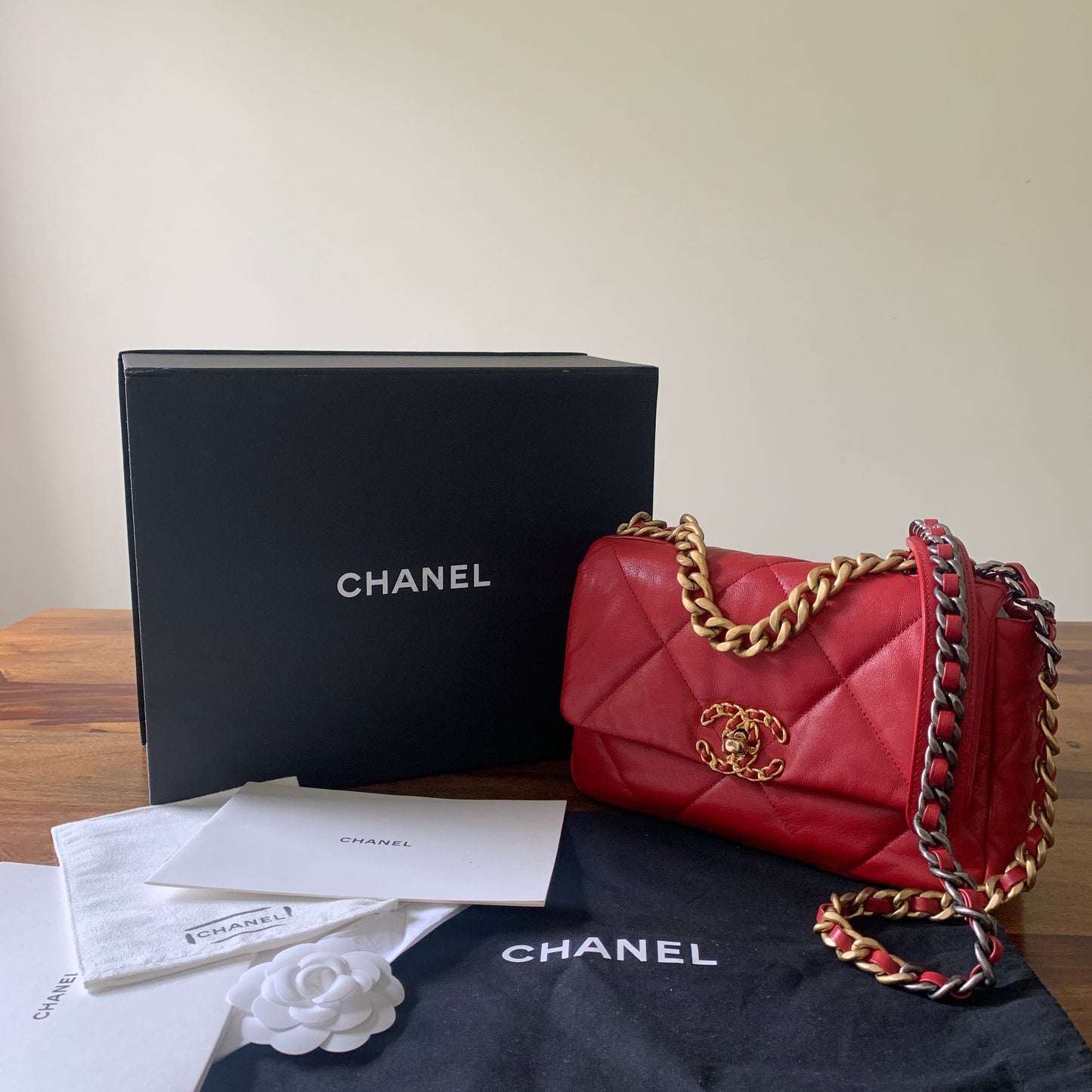 Chanel 19 Medium Quilted Lambskin Leather Flap Shoulder Bag Red